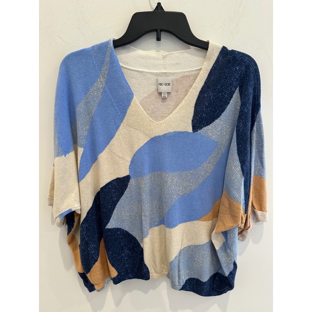 Nic+Zoe Blue Abstract Petal V-Neck Knit Top XXL Cotton Rayon Short Sleeve